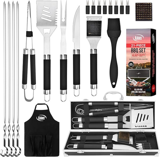 Kaluns Grilling Accessories, Dad Gifts for Christams Grilling Gifts, Heavy Duty Stainless Steel BBQ Grill Tools Set for Outdoor Grill with Aluminum Case and Apron, Dad Birthday Gifts for Men Husband-VerdiqueGarden