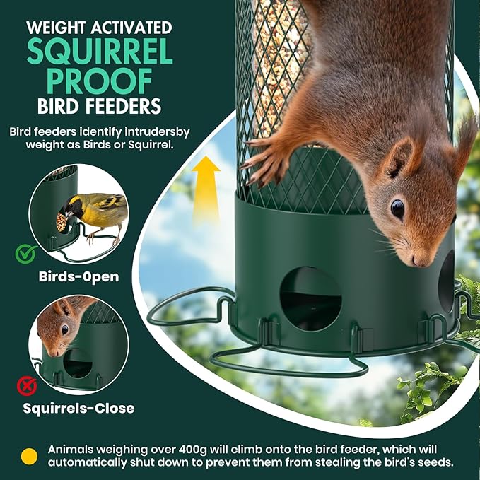 Metal Squirrel Proof Bird Feeders for Outdoors Hanging,Weight-Activated Large Capacity Feeder for Wild Finch, Cardinal,Blue Jay, Chickadee, Weatherproof and Durable 4 Perches,Green-VerdiqueGarden
