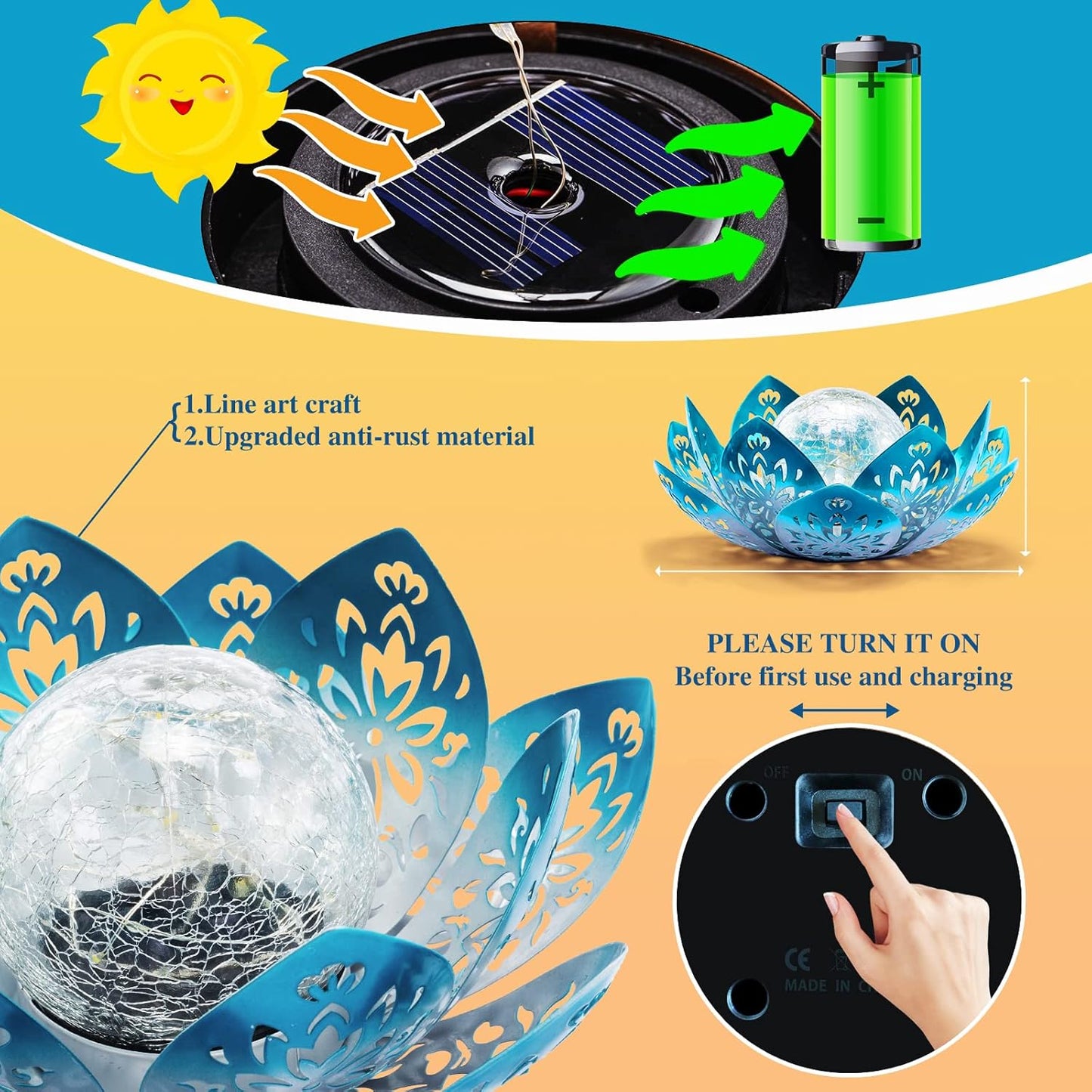 Huaxu Solar Lights Outdoor Decorative - Bright Blue Lotus Flower Table Lamp, Glass Globe 30 LED Waterproof Metal Decorations Gifts for Mom Women Garden Patio Pathway Yard Balcony Outside Decor-VerdiqueGarden