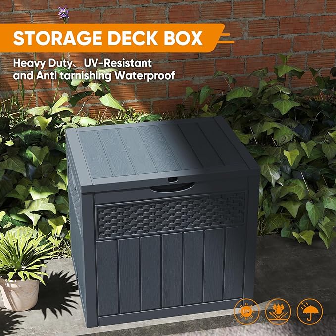 33 Gallon Resin Deck Box, Weatherproof Outdoor Storage Box for Patio, Garden, Pool, and Yard, Lockable Waterproof Bin for Tools, Cushions, and Accessories, Grey-VerdiqueGarden