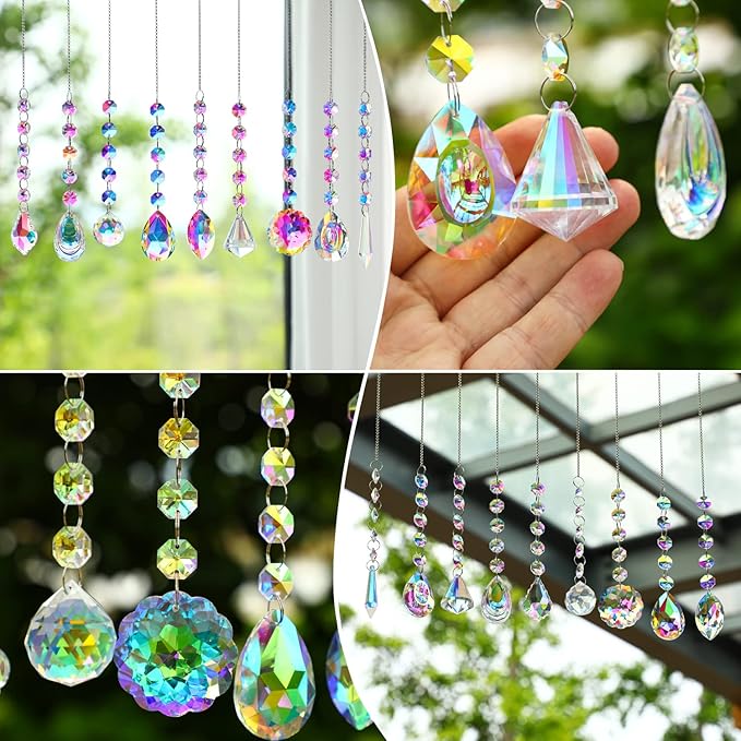 KANPURA 9 PCS Crystal Rainbow Suncatchers, Hanging Crystals Sun Catchers with Chain for Windows, Colorful Suncatcher Prism Pendant Hanging Crystals for Home Wedding Decor-VerdiqueGarden