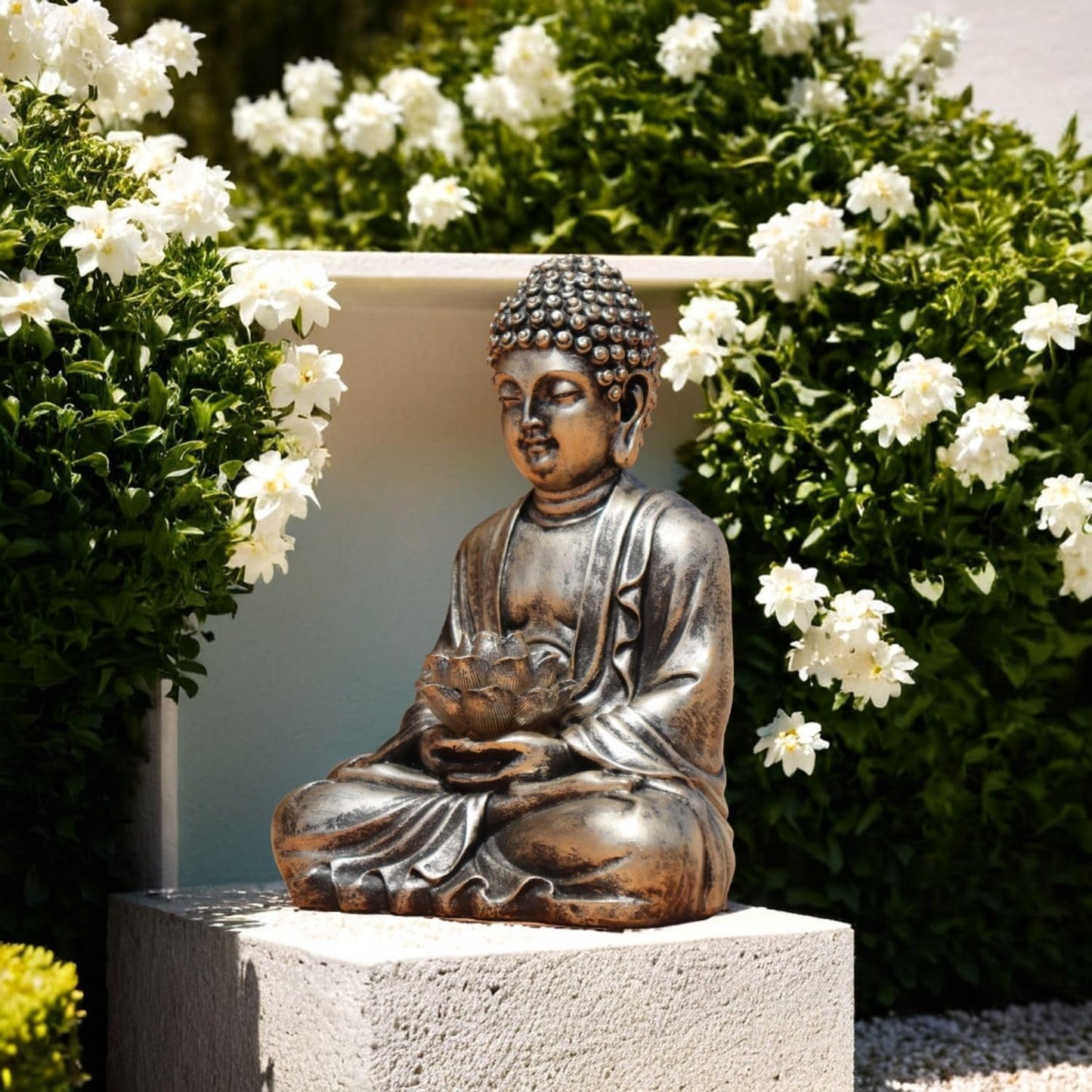 Buddha Lotus Statue with Solar Lights, Resin LED Figurine for Garden Decor – Unique Gift for Women and Friends(Copper Buddha)-VerdiqueGarden