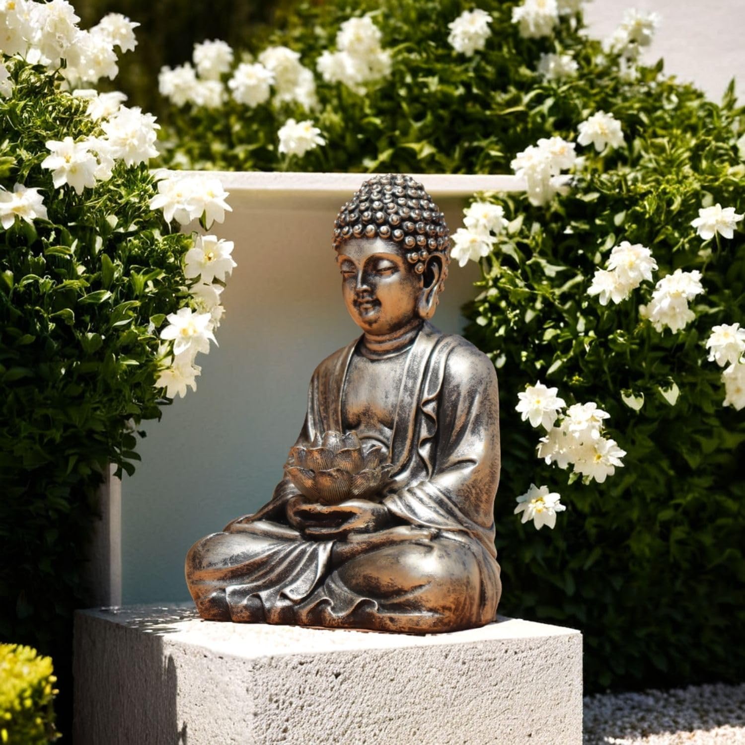 Buddha Lotus Statue with Solar Lights, Resin LED Figurine for Garden Decor – Unique Gift for Women and Friends(Copper Buddha)-VerdiqueGarden
