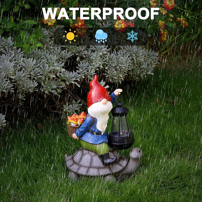 Gnome and Turtle Garden Decor, Large Outdoor Garden Sculptures & Statues, Outside Patio Yard Lawn Decorations, Housewarming for Women, Mom, Grandma with Solar Lantern-VerdiqueGarden