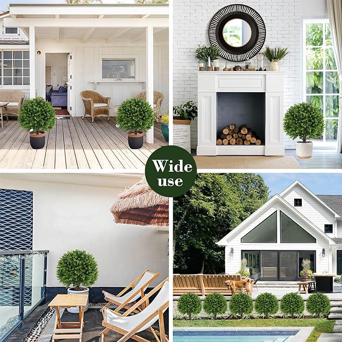 Artificial Boxwood Topiary Outdoor Plants with Spike, 2 Pack Faux Bushes UV Resistant Fake Shrubs for Front Porch Décor-VerdiqueGarden