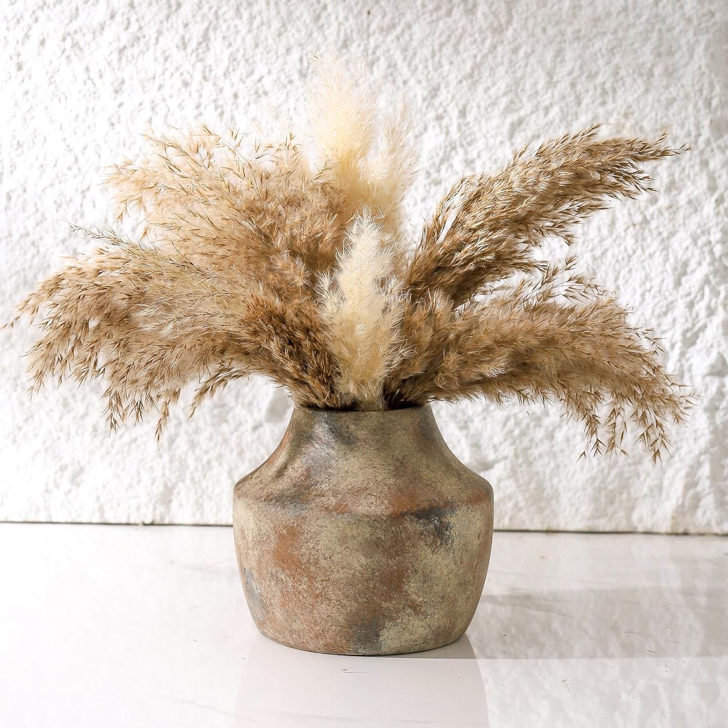 Mitt&Ditt Ceramic Flower Vase, 5.3 inch Pottery Farmhouse Rustic Vase, Handcrafted Weathered Vases, Small Flower Terracotta Vases for Home Decor, Living Room, Table, Shelf, Mantel, Neutral-VerdiqueGarden