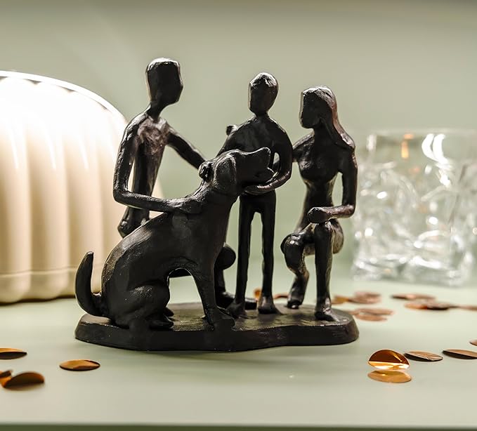 Family and Dog Statues, Cast Iron Family of 3 Figurine, Gift for Dog Lovers,Dog Memorial Gift, Black-VerdiqueGarden