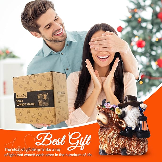 Solar Highland Cow Gnome Garden Decorative Statue - Detachable Lantern - Outdoor Fun Decoration, Suitable for Patio, Back Porch, Table Ornaments, Unique Housewarming, Birthday Gifts for Women, Mom-VerdiqueGarden