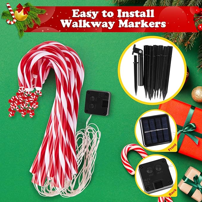 12 Pack Christmas Candy Cane Lights Outdoor Solar Pathway Lights Christmas Decorations Waterproof Driveway Walkway Markers Yard Garden Home Xmas Decor, 2-in-1 Rechargeable Solar Power-VerdiqueGarden