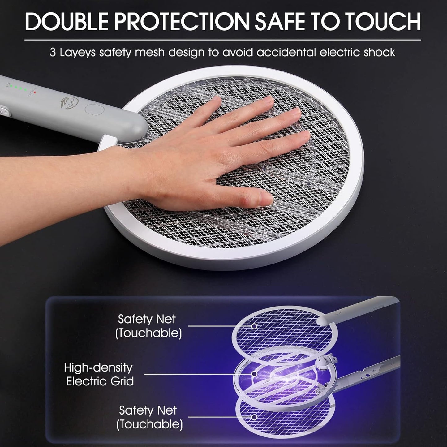 Electric Fly Swatter Racket, 2 in 1 Bug Zapper with USB Rechargeable Base, 4000 Volt Mosquito Killer with 3-Layer Safety Mesh for Pest Insect Control for Indoor、Office、Backyard、Camping（Gray-2 Pack）-VerdiqueGarden