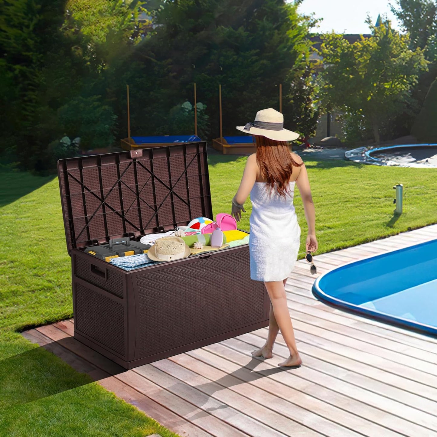 125 Gallon Resin Deck Box, Weatherproof Outdoor Storage Box for Patio, Garden, Pool, and Yard, Lockable Waterproof Bin for Tools, Cushions, and Accessories, Brown-VerdiqueGarden