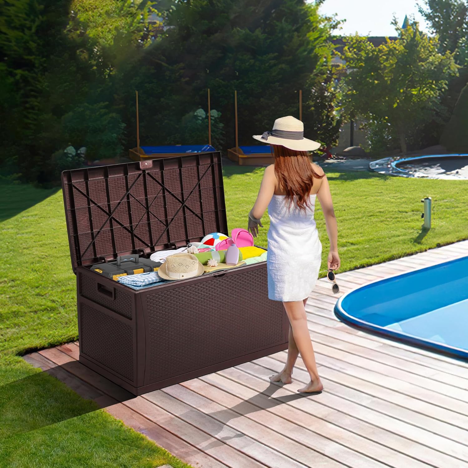 125 Gallon Resin Deck Box, Weatherproof Outdoor Storage Box for Patio, Garden, Pool, and Yard, Lockable Waterproof Bin for Tools, Cushions, and Accessories, Brown-VerdiqueGarden