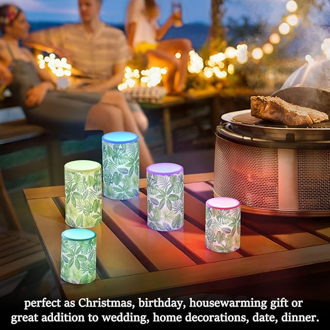 Flickering Flameless Candles, Tropical Palm Leaves Exotic LED Candles with Remote Timer, Set of 2 Battery Operated Candle for Valentine Wedding Birthday-VerdiqueGarden