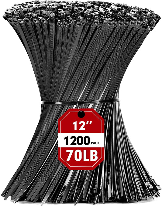 Zip Ties, RAZCC 1200pcs Black Cable Zip Ties 12 Inch, Heavy Duty Plastic Wire Ties with 70lb Tensile Strength, Self-Locking Black Nylon Tie Wraps for Indoor and Outdoor-VerdiqueGarden