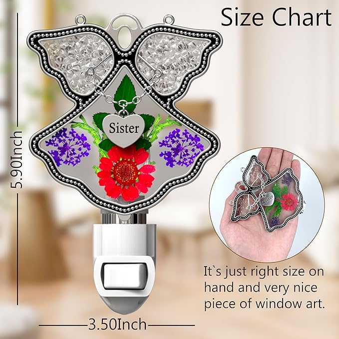 KY&BOSAM Angel Sister Night Light Flower in Glass with Metal Trim Sister Heart Night Light Nursery Bedroom Bathroom Decorative Accent Lite Elegant Home Decoration, Guardian Butte-VerdiqueGarden