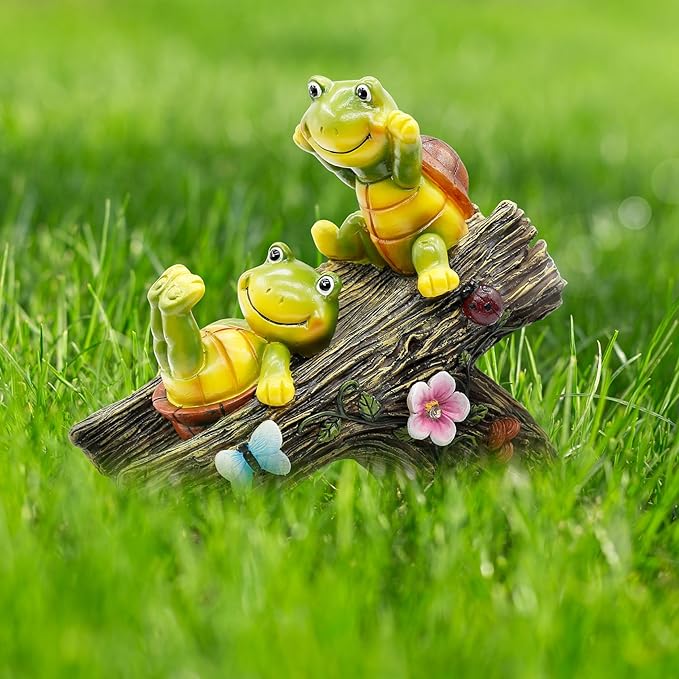 Garden Turtle Figurines Outdoor Decorations, Solar Statue Sweet Frog Face Turtles Decor with 4 LED Lights, Unique Garden Art Resin Statue Gifts for Patio Lawn Porch Yard-VerdiqueGarden