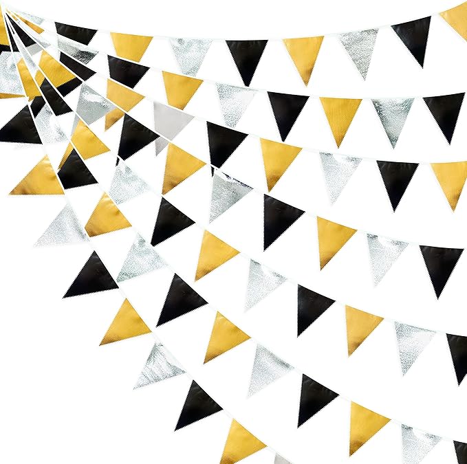 Black Gold Silver Party Decoration Triangle Pennant Banner Flag Metallic Fabric Bunting Garland for Birthday Graduation Anniversary Wedding Bridal Shower Bachelorette Engagement Disco Party Supplies-VerdiqueGarden