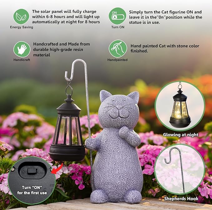 Garden Decor Solar Statues for Mom Grandma Birthdays for Women Sister Wife Lady - Front Patio Balcony Yard Art Lawn Ornaments Porch Outdoor Outside Decorations (Cat)-VerdiqueGarden