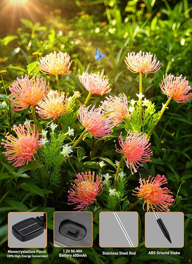 Brightown Outdoor Solar Garden Lights - 4 Pack LED Flower Lights with Glowing Flowers & Stems, Realistic, Bigger Solar Panel, Waterproof for Yard Patio Home, Pink-VerdiqueGarden