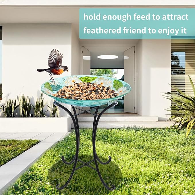 VCUTEKA 18" Outdoor Glass Birdbath with Sturdy Metal Stand for Lawn, Yard, or Garden Decor Bird Lovers Gift, Hummingbird Bird Bath Detachable, 22" Height-VerdiqueGarden