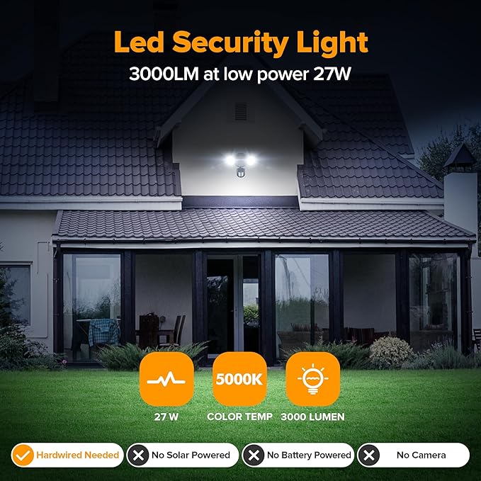 UME LED Security Light Motion Sensor Outdoor Lights, 27W 3000LM, 5000K, IP65 Waterproof, Dusk to Dawn, 2 Head Motion Detector Flood Light for Outside, Garage, Yard (Black)-VerdiqueGarden