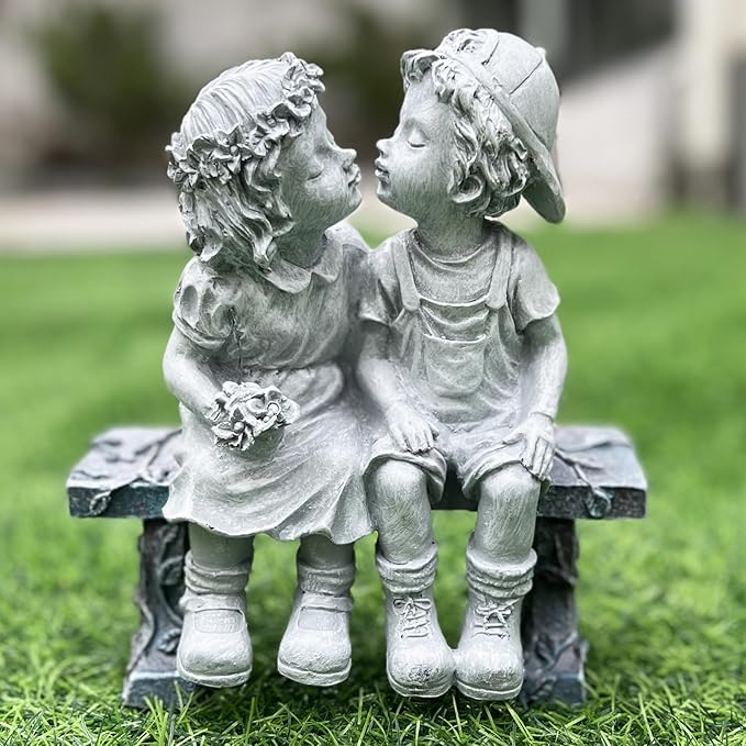 Elenon Garden First Kiss Outdoor Statue Decorative, Flower Bed Decor Boy and Girl Garden Statues, Couple Puppy Love Garden Sculpture for Yard Patio Art Decoration-VerdiqueGarden