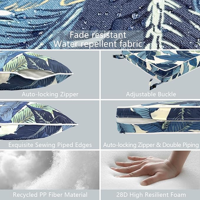 LVTXIII Outdoor Deep Seat Cushion 22"x22"x4" Patio Seat and Back Cushion Set Seasonal Chair Cushion for Dining Arm Chairs, Wicker Chairs and Garden Furniture Decoration, Swaying Palms Blue-VerdiqueGarden