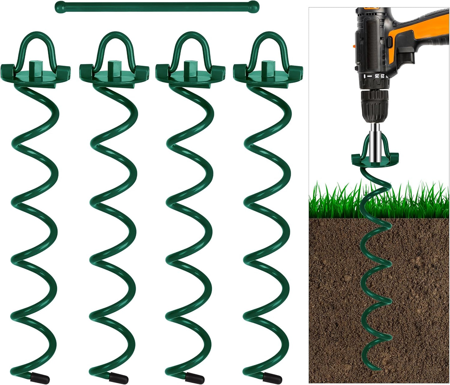 FEED GARDEN 16 Inch Spiral Ground Anchors Heavy Duty Screw in Spiral Stakes, 4 Pack Folding Ring Ground Stakes for Securing Dogs,Tents, Trampolines, Canopies, Swing Sets,Green-VerdiqueGarden