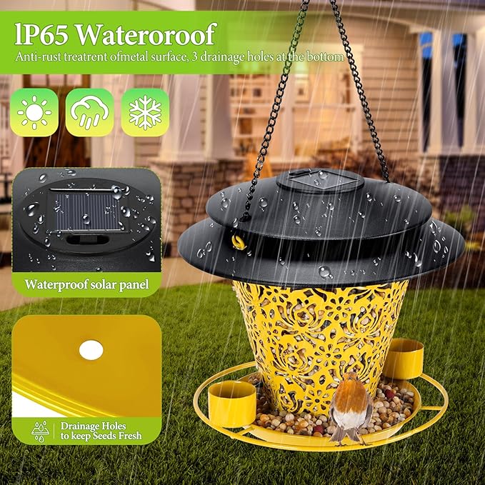 Solar Bird Feeders for Outside Hanging Metal Wild Bird Feeder Solar Lanterns Outdoor Waterproof Garden Decor for Yard Yellow-VerdiqueGarden