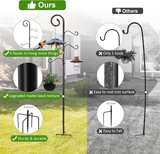 108 Inch Shepherds Hooks for Outdoor 2 Pack, Bird Feeder Poles with 4 Hooks, Shepherds Hook for Bird Feeders Outside with Base, Garden Pole for Hanging Plant Baskets, Weddings Decor (108 Inch)-VerdiqueGarden