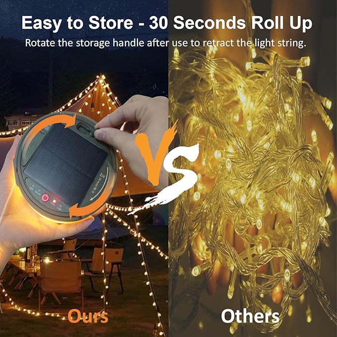 Solar Camping String Lights, 39.4FT Portable Waterproof Camping Light with 8 Lighting Modes, Solar Powered and USB Rechargeable Tent Lantern with Remote Control for Camping, Yard, Garden and Hiking-VerdiqueGarden