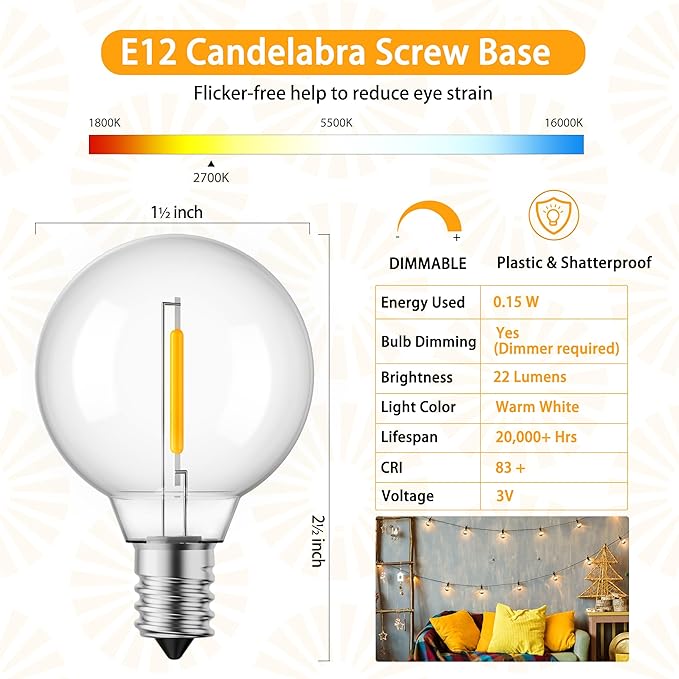 Brightown G40 Solar Replacement Bulbs, E12/C7 Candelabra Screw Base, 3V, 0.15W, 1.5 Inch Shatterproof Globe LED Bulbs Only for Solar Outdoor String Lights, 2700K, Dimmable, Warm White, 25 Pack-VerdiqueGarden