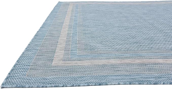 Unique Loom Outdoor Border Collection Area Rug - Soft Border (8' x 11' 4" Rectangle, Aquamarine/ Ivory)-VerdiqueGarden