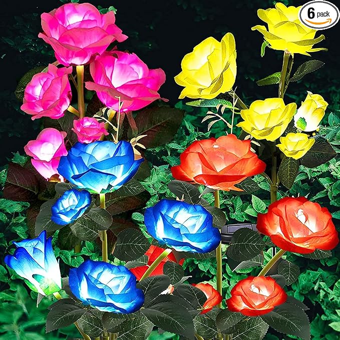ANGMLN Solar Garden Lights, 6 Pack Solar Flower Lights Outdoor Waterproof with 30 Head Realistic Rose 7-Color Changing Landscape Light for Garden Yard Pathway Patio Grave Cemetery Decoration-VerdiqueGarden