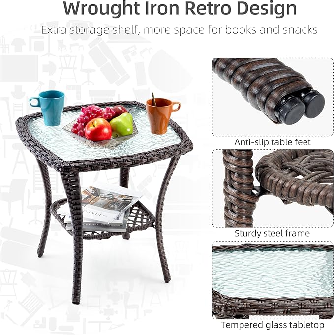 Towallmark Outdoor Swivel Wicker Glider Patio Chairs with Table Set, 3 Pieces Outdoor Bistro Set with 4”Thick Cushions and Coffee Table for Porch, Balcony, Deck (Blue)-VerdiqueGarden