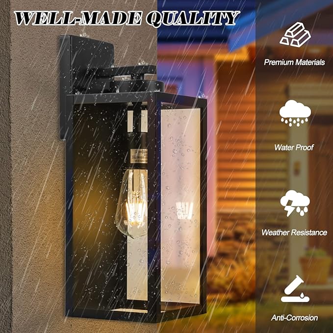 Outdoor Wall Light Fixture, Large 16" Exterior Black Lantern Waterproof, Farmhouse Porch Sconce Lighting with Glass, Modern Wall-Mounted Outside Lights for House, Garage, Patio Lamp-VerdiqueGarden