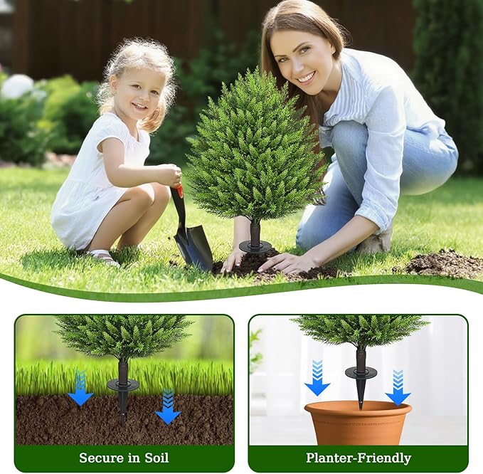 31" Artificial Cedar Topiary Ball Trees with Ground Spike,2 Pack Fake Pine Shrubs Bushes, UV Resistant Faux Evergreen Cypress Tree Plants for Indoor Outdoor Planters Front Porch Garden Decor-VerdiqueGarden