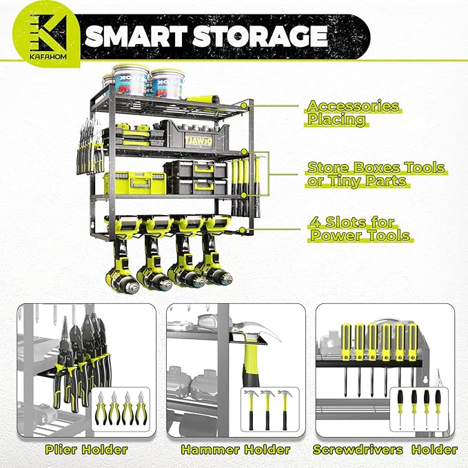 KAFAHOM Power Tool Organizer, Garage Tool Organizers and Storage,Drill Holder Wall Mount, Storage Rack for Cordless Drill, Heavy Duty Tool shelf with Screwdriver Holder/Pliers Holder/Hammer Holder-VerdiqueGarden