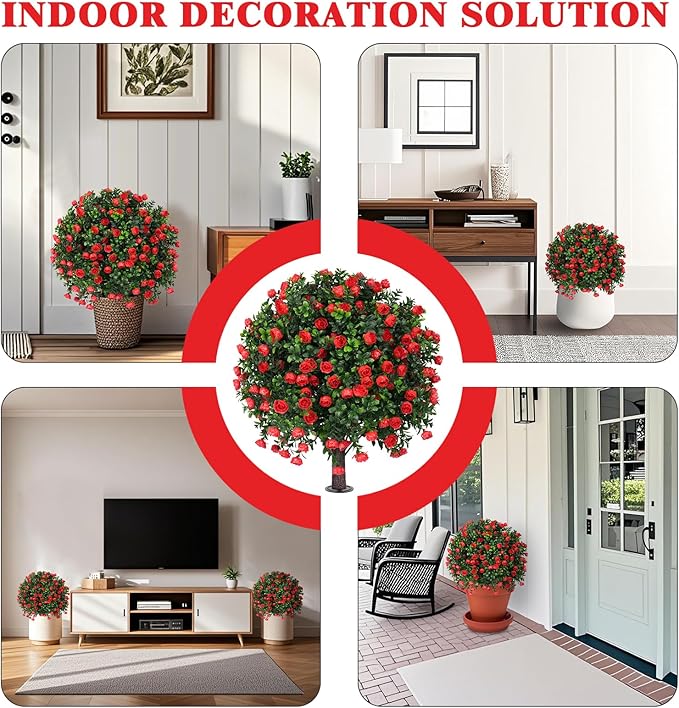 Artificial Boxwood Topiary Tree with Rose, Set of 2 Artificial Shrub Bushes with Ground Spike, Fake Evergreen Tree for Porch, Artificial Plants for Outdoor Planters Indoor UV Resistant-VerdiqueGarden