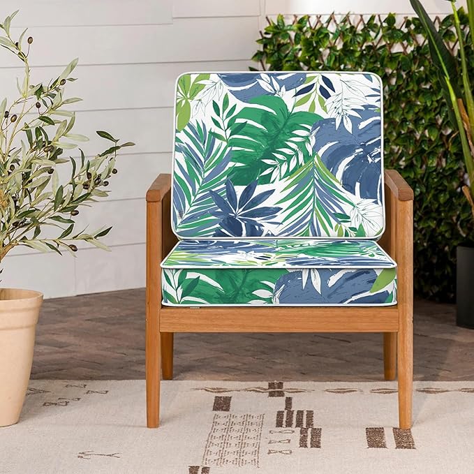 LVTXIII Patio Chair Cushions 22"x22"x3", Water-Repellent Outdoor Seat Cushions for Patio Furniture, Square Chair Pads with Ties for Home Garden Decoration, Set of 2, Islamorada Blue Green-VerdiqueGarden