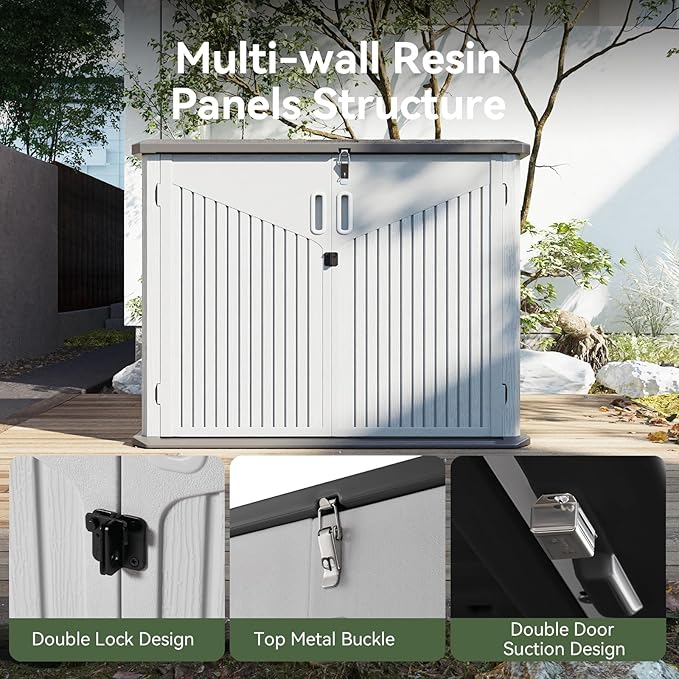 Aoxun 35 Cu.Ft Outdoor Storage Shed, Waterproof Horizontal Resin Cabinet for Trash Cans, Lawn Mowers, Generators, and Garden Tools, White-VerdiqueGarden