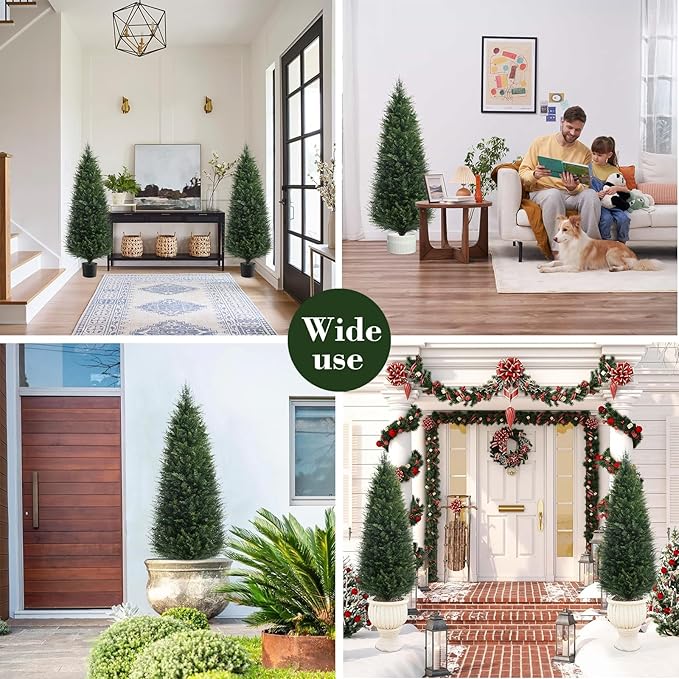 Two 4ft Artificial Plants Topairy Faux Cedar Trees for Outdoor Planters, 48IN Tall Fake Pine Bushes UV Resistant Large Potted Shrubs for Front Porch Décor-VerdiqueGarden