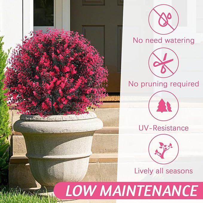 Yunlly 2 Pcs 18 Inch Artificial Boxwood Ball Topiary Tree Fake Outdoor Plants Bush, UV Resistance Faux Shrubs with Spike Realistic Greenery Potted for Indoor Garden Yard Porch Patio Decor (Rose Red)-VerdiqueGarden
