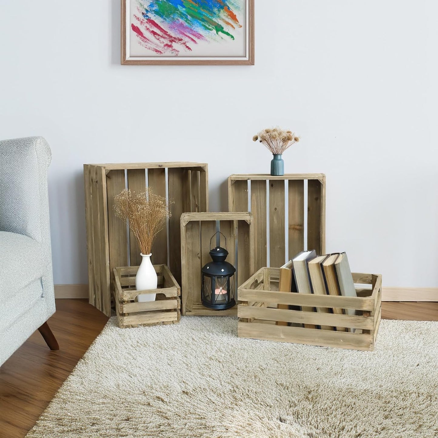 5-Piece Farmhouse Wooden Crate Set - Rustic Wooden Crates for Display and Storage, Large Grey Decorative Crates, Farmhouse Apple Crates, Painted Wood Crates for Decor-VerdiqueGarden