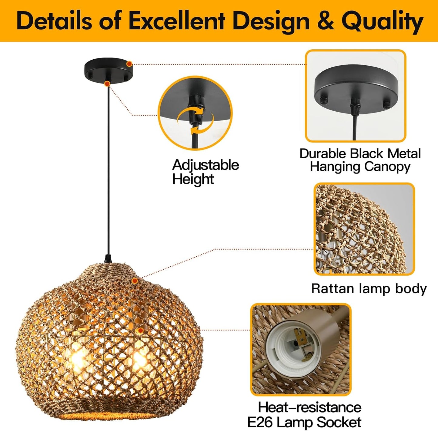 13.79" Rattan Pendant Light, Boho Handmade 2-Light Wicker Chandelier, for Kitchen Island, Bedroom, Dining Room, Entryway, Foyer-VerdiqueGarden