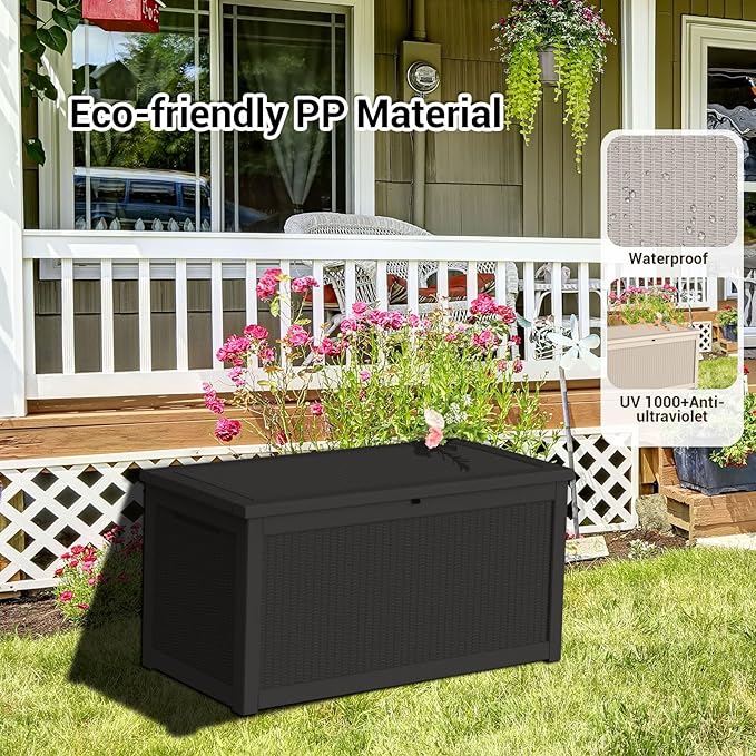 DRATO 260 Gallon Deck Box, Outdoor Large Waterproof Resin Storage Box with Lockable Lid for Patio Cushions, Gardening Tools, Sports Equipment, Black-VerdiqueGarden