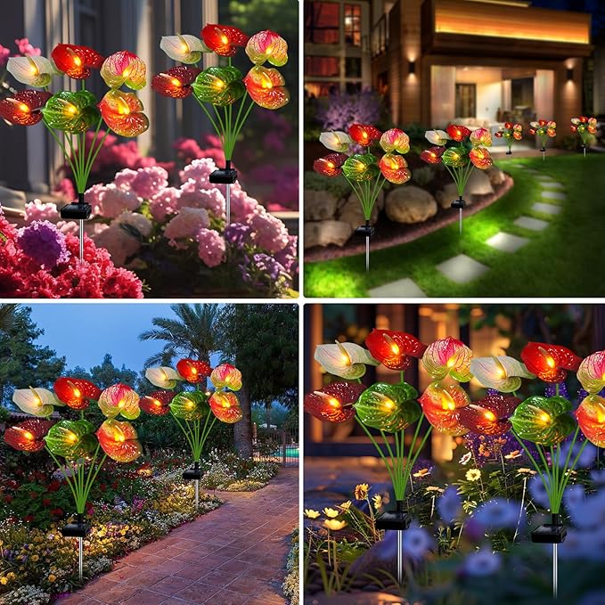 Solar Lights Outdoor,4 Packs Solar Garden Flower Lights with Anthurium Plant Lights,Garden Birthday Gifts for Women,Waterproof Solar Stakes Lights for Outside Yard Patio Lawn Decoration-VerdiqueGarden