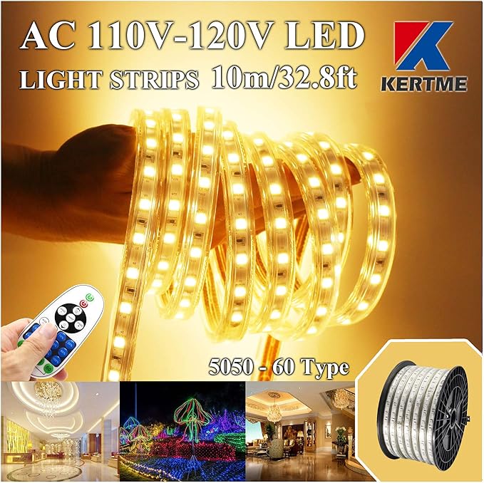 5050-60 Type AC 110-120V LED Strip Lights, Flexible/Waterproof/Dimmable/Multi-Modes LED Rope Light + 23 Keys Remote for Home/Garden/Building Decoration (32.8ft/10m, Warm White 3500K)-VerdiqueGarden