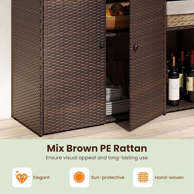 Tangkula Rattan Outdoor Storage Cabinet, Patiojoy Outdoor Cabinet with 4 Adjustable Shelves, 1 Drawer, 3 Doors, Patio Storage Deck Box Table for Patio Garden Poolside (Mix Brown)-VerdiqueGarden