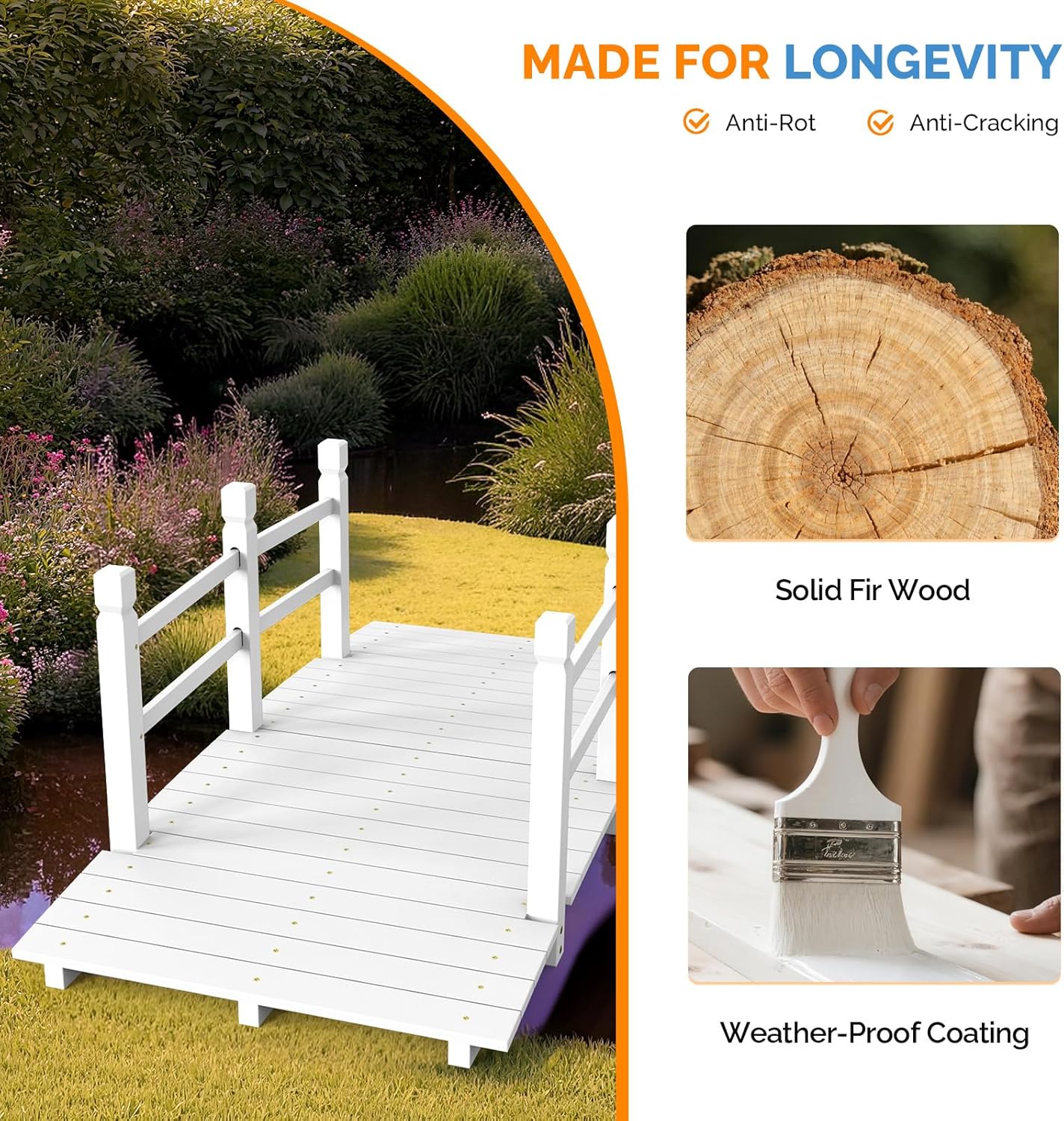 VINGLI Garden Bridge, Classic Wooden Arch with Safety Rails Footbridge (White, 5 ft)-VerdiqueGarden